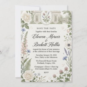 Invitation Roses neutres, digitales, anémones blanches, trèfl