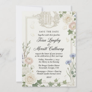 Invitation Roses neutres, renoncules, bleuets, hydrangeas