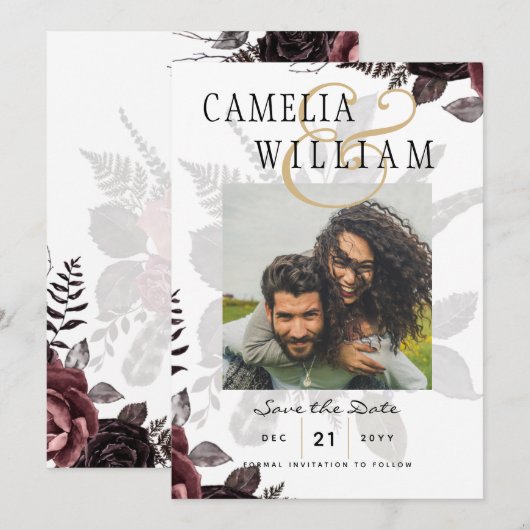 Invitation Roses noires bordeaux foncé Mariage Automne Hiver (Devant / Derrière)