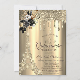 Invitation Roses noires chic Tour Eiffel gouttes d'or