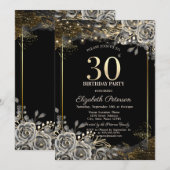 Invitation Roses Noires Élégantes,Guirlande Lumineuse 30e Ann (Devant / Derrière)