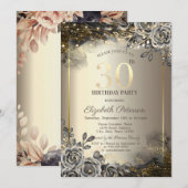 Invitation Roses Noires Élégantes,Guirlande Lumineuse 30e Ann (Devant / Derrière)