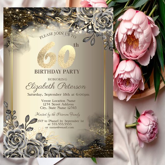 Invitation Roses Noires Élégantes, Guirlande Lumineuse 60ème
