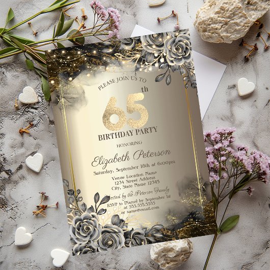 Invitation Roses Noires Élégantes, Guirlande Lumineuse 65e An