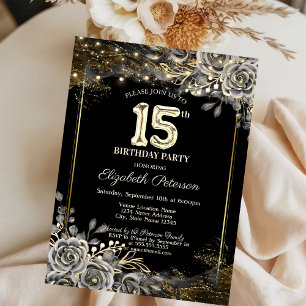Invitation Roses Noires Élégantes, Lumières 15e Anniversaire