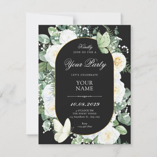 Invitation roses noires et blanches florales (Devant)