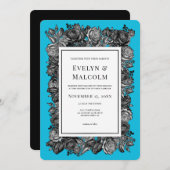 Invitation Roses noires et blanches Mariage bleu électrique (Devant / Derrière)