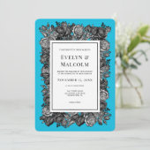 Invitation Roses noires et blanches Mariage bleu électrique (Debout devant)