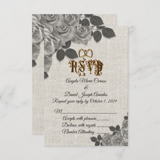 Invitation Roses noires et blanches sur mariage lin RSVP (Devant / Derrière)