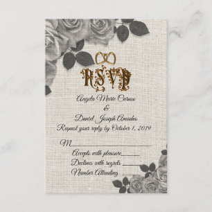 Invitation Roses noires et blanches sur mariage lin RSVP