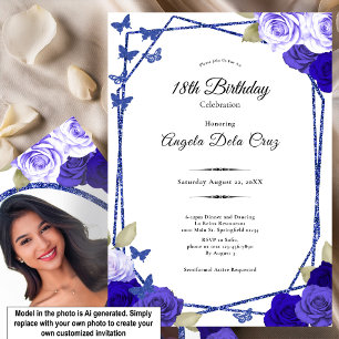 Invitation Roses Noires et Bleues Élégantes Début de 18 ans