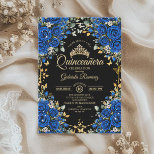 Invitation Roses noires et bleues royales Quinceañera dorée