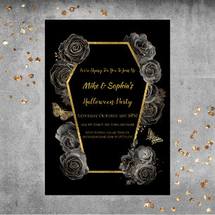 Invitation Roses noires et dorées Cercueil Fête d'Halloween p