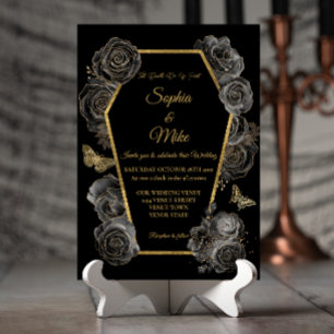 Invitation Roses noires et dorées Cercueil Gothique Élégant M