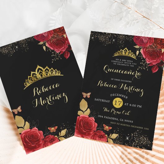 Invitation Roses noires et rouges Fille Florale Mis XV Años