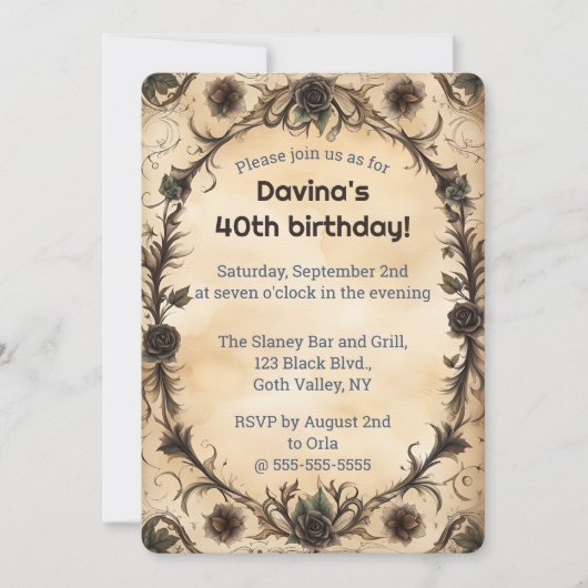 Invitation Roses Noires Goth Éditable (Devant)