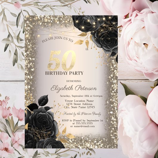 Invitation Roses Noires, Lumières Cadre Pailletant 50e Annive