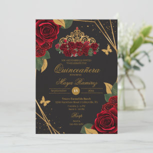 Invitation Roses noirs rouges Tiara Gold Parties scintillant 