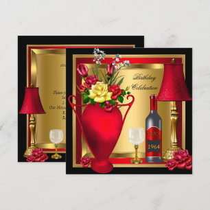 Invitation Roses Or Rouge Décor Bouteille de Vin Verre Fête