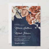 Invitation Roses orange brûlé Terracotta Floral Navy Mariage (Devant)
