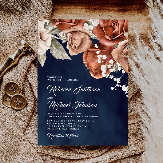 Invitation Roses orange brûlé Terracotta Floral Navy Mariage