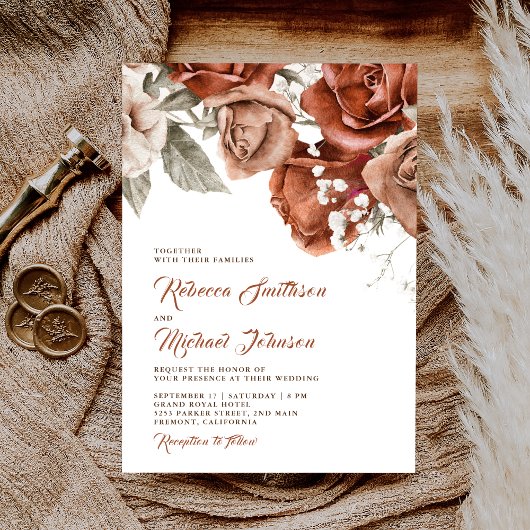 Invitation Roses orange brûlés Terracotta Mariage floral