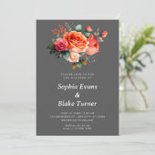 Invitation Roses orange et rose Mariage floral gris (Debout devant)