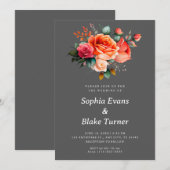 Invitation Roses orange et rose Mariage floral gris (Devant / Derrière)