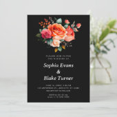 Invitation Roses orange et rose Mariage noir floral (Debout devant)