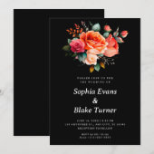 Invitation Roses orange et rose Mariage noir floral (Devant / Derrière)
