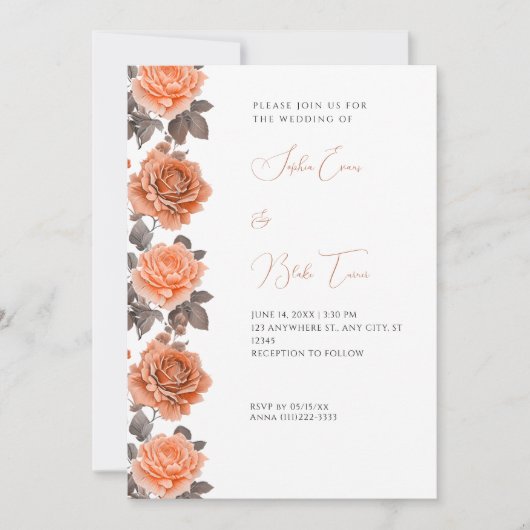 Invitation Roses oranges modernes automne blanc mariage (Devant)