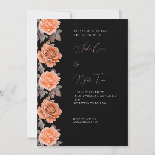 Invitation Roses oranges modernes mariage noir automne (Devant)
