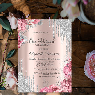 Invitation Roses Pailletés Argent Gouttes Rose Or Bar Mitzvah