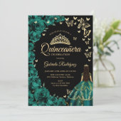 Invitation Roses Papillons Or Vert Emeraude Quinceanera (Debout devant)
