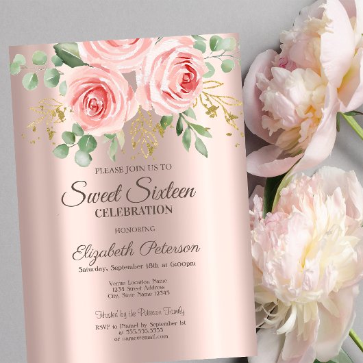 Invitation Roses, Parties scintillant Rose Gold Sweet 16