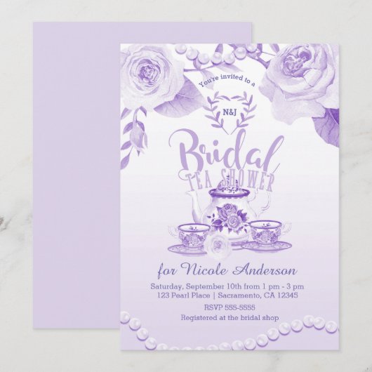 Invitation Roses & Pearls Elégant Mariage Tea Shower Violet (Devant / Derrière)