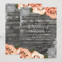 Roses pêche clair Bois rustique gris Mariage dente
