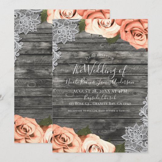 Invitation Roses pêche clair gris rustique blanc dentelle mar (Devant / Derrière)