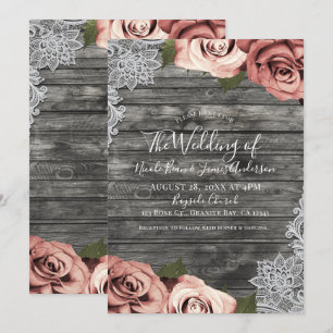 Invitation Roses pêche corail gris rustique blanc dentelle ma
