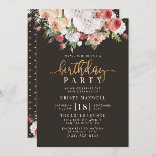 Invitation Roses peints et scénario Gold moderne fête d'anniv (Devant / Derrière)