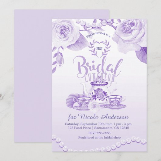 Invitation Roses & Perles Élégant Purple Bridal Thé de déjeun (Devant / Derrière)