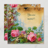 Invitation ROSES PINK & JASMINS parchemin rose vert (Devant / Derrière)