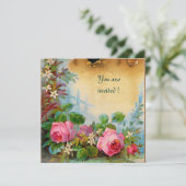 Invitation ROSES PINK & JASMINS parchemin rose vert (Debout devant)