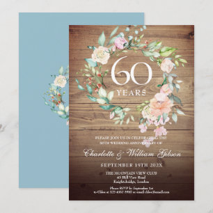 Invitation Roses pour les 60 ans de mariage en bois rustique
