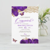 Invitation Roses pourpres et papillon de dentelle Quinceañera (Debout devant)