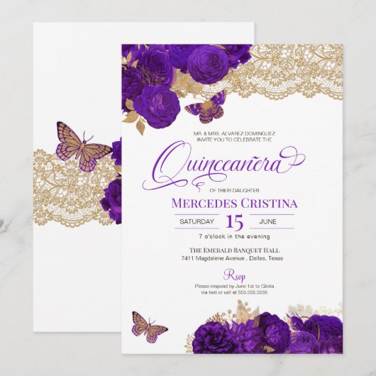 Invitation Roses pourpres et papillon de dentelle Quinceañera (Devant / Derrière)