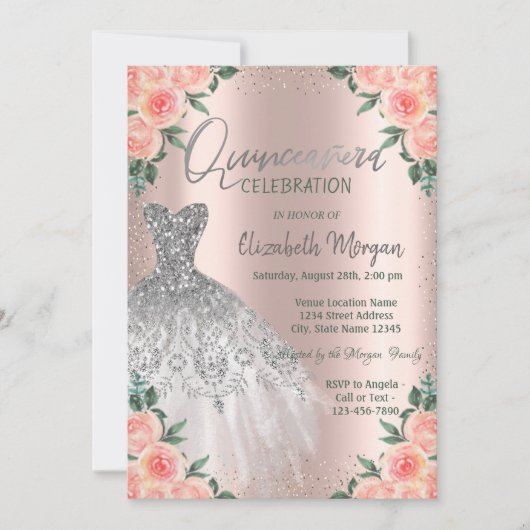 Invitation Roses, Robe, Fleurs, Rose Gold Quinceañera (Devant)