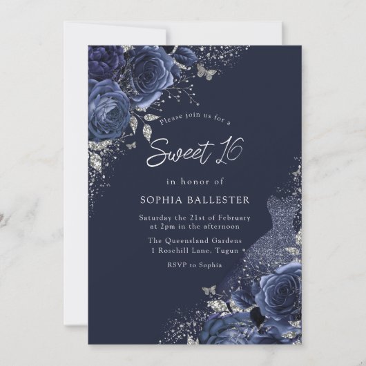 Invitation Roses & Robe Marine & Silver Sweet 16 Party (Devant)