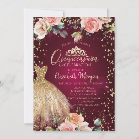 Invitation Roses, Robe Tiara, Diamants Bourgogne Quinceañera (Devant)