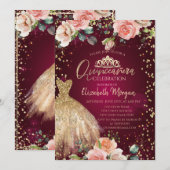 Invitation Roses, Robe Tiara, Diamants Bourgogne Quinceañera (Devant / Derrière)